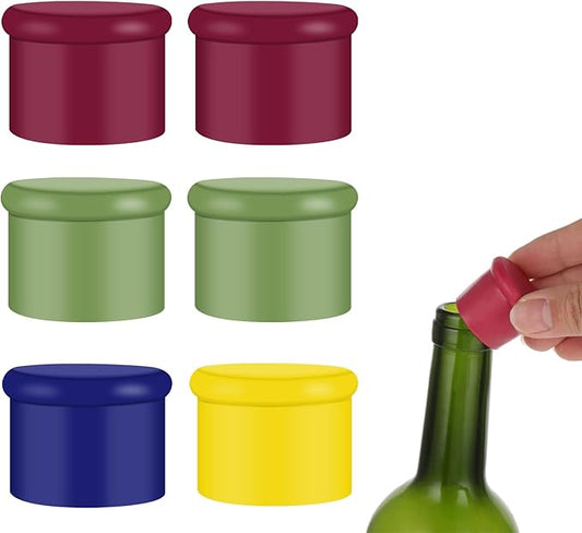 6PCS Wine Stoppers Reusable Silicone Wine Bottle Stopper Corks - Airtight Seal to Keep Fresh for Beverages, Beer, Champagne, Wine (Rose Red, Blue, Green, Yellow)