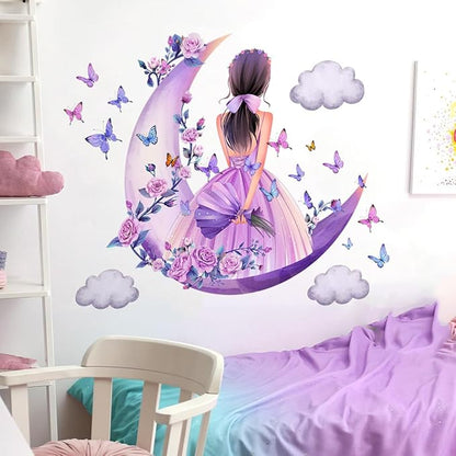 2 Sheets Princess Wall Decals Girls Room Purple Rose Floral Wall Stickers Removable Fariy Wall Decals Peel and Stick Butterfly Room Decor for Girls Bedroom Office Kids Nursery with Moon & Clouds