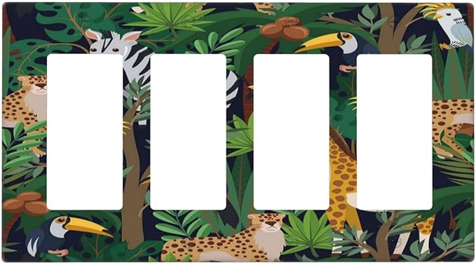 Cartoon Animal Zebra Leopard Giraffe Bird Leaf 4 Gang Rocker Decora Nursery Light Switch Cover Decorative Outlet Covers Wall Plate Electrical Faceplate Switchplate GFCI for Kidroom Decor