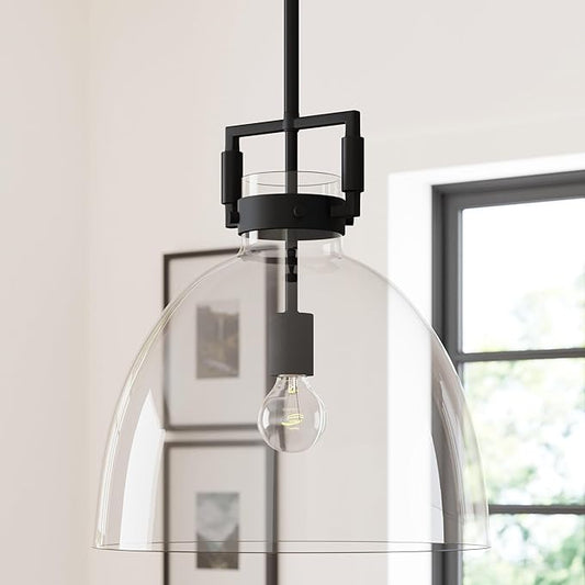 Nathan James Leigh Pendant Lighting, Black Hanging Ceiling Light with Oversized Glass Shade and Adjustable Cord, for Kitchen Island or Entryway, Matte Black/Clear