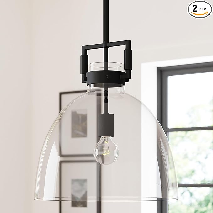 Nathan James Leigh Pendant Lighting, Black Hanging Ceiling Light with Oversized Glass Shade and Adjustable Cord, for Kitchen Island or Entryway, Matte Black/Clear, Set of 2