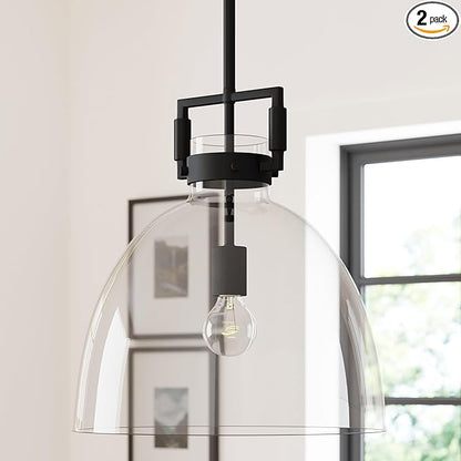 Nathan James Leigh Pendant Lighting, Black Hanging Ceiling Light with Oversized Glass Shade and Adjustable Cord, for Kitchen Island or Entryway, Matte Black/Clear, Set of 2