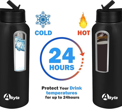32 Oz Water Bottle, Sports Water Bottle with Straw Lid, Vacuum-Insulated Stainless-Steel, Double-walled Thermos Water Bottle (Black, 32 OZ)