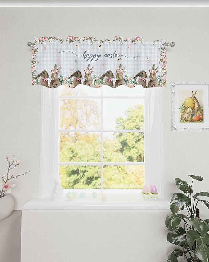 Rabbits Flowers Easter Kitchen Curtains Valances for Windows Eucalyptus Leaf Spring Summer Rod Pocket Window Treatment for Kitchen /Living Room/Bedroom/ Bathroom, 54" X 18", Grey White Buffalo Plaid