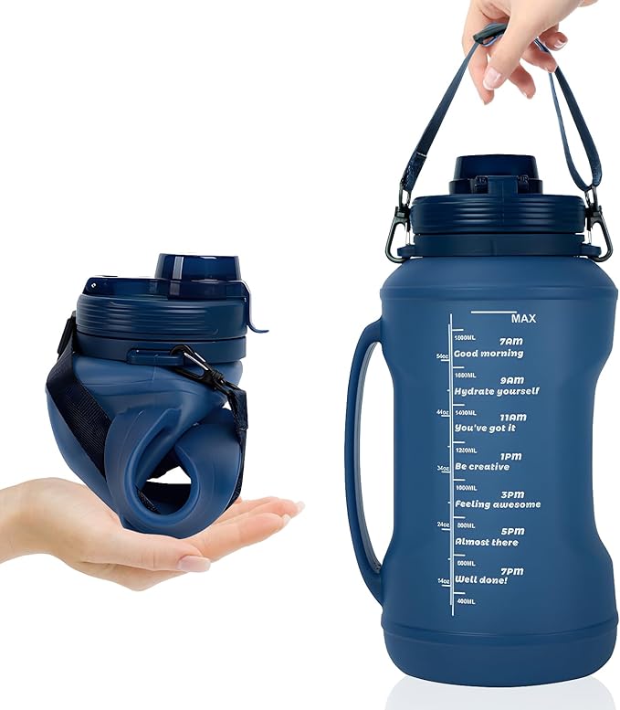 Collapsible 64oz Water Bottle with Handle & Straw - Spill-Proof Foldable Silicone Bottle for Men/Women (Blue, 2L)