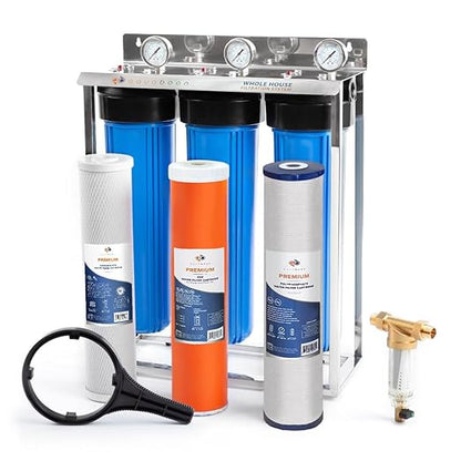 Aquaboon 3 Stage Whole House Water Filter System - w/Premium Polyphosphate & KDF Filters & CTO 5 Micron Water Filter 20" x 4.5" - w/Wrench, Steal Bracket & Pressure Gauges & Release Buttons (1" Port)
