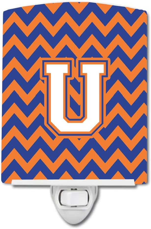 Caroline's Treasures CJ1060-UCNL Letter U Chevron Blue and Orange #3 Ceramic Night Light Compact, UL-Certified, Ideal for Bedroom, Bathroom, Nursery, Hallway, Kitchen, 6x4x3, Multicolor