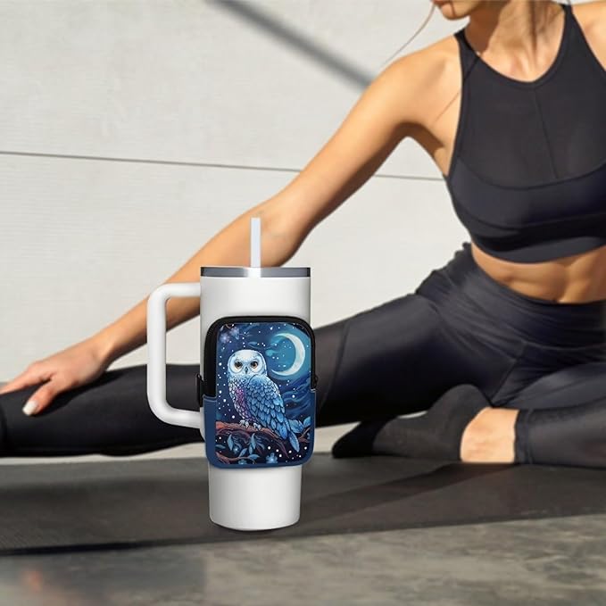 Owl Moon Stanley Cup Pouch with Adjustable Strap Water Bottle Storage Bag 20oz-40oz IceFlow Tumbler Pouch for Stanley Accessories