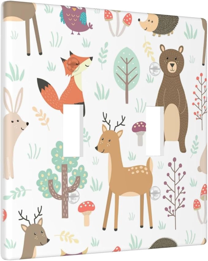 Cartoon Animal Deer Bear Fox Light Switch Cover Decorative Double Toggle Plastic Wall Plate Outlet Cover for Women Girls Bedroom Kitchen Living Room Decor 4.5 * 4.5
