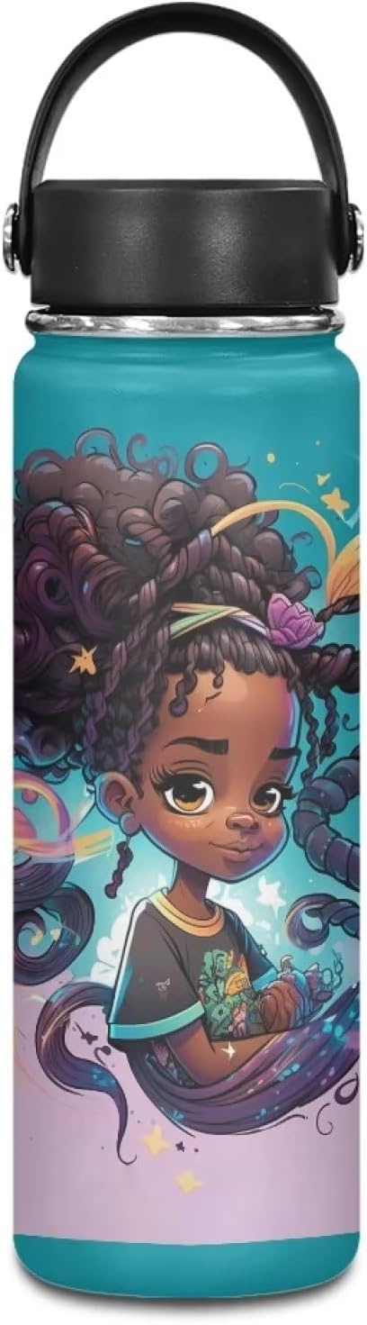 Afro American African Water Bottle 20 oz Insulated Water Bottles with Handle Flask Wide Mouth Bottle Vacuum Stainless Steel Metal Water Bottle for Sports, Gym, Office