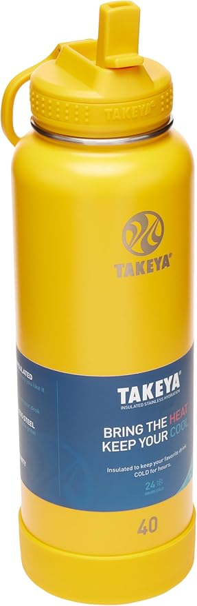 Takeya Actives 40 oz Vacuum Insulated Stainless Steel Water Bottle with Straw Lid, Premium Quality, Clementine