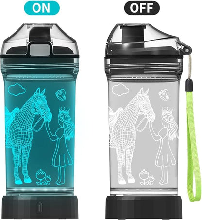 Horse Gifts for Girls, Girl Horse Water Bottle with 3D Glowing Led Light Travel Cups -Tritan BPA Free, Horse Gifts for Birthday, Christmas, Back to School for Child Kids Teens Granddaughter