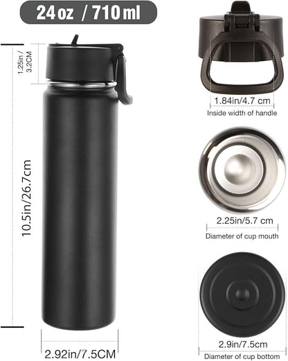 Volhoply 24oz Insulated Water Bottle With Straw Bulk 8 Pack,Metal Wide Mouth Water Bottles With Handle Lid Keep Cold,Reusable Double Wall Thermos,Powder Coated Sport Bottle For Holder(Black,8 Count)
