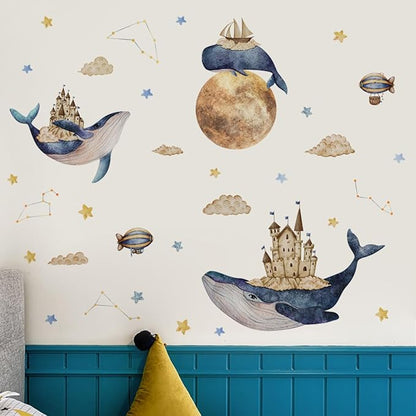 Ocean & Space Whale Wall Sticker - Colorful Watercolor Art, Easy to Apply