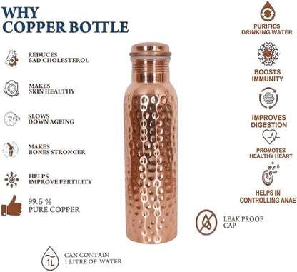 Pure Copper Water Bottle, Hammered Seamless, UNLINED, UNCOATED and LACQURED-FREE, 1000 Ml (33.81 Fl Oz) Capacity For Ayurveda Health Benefits Set of 4, Rose Gold