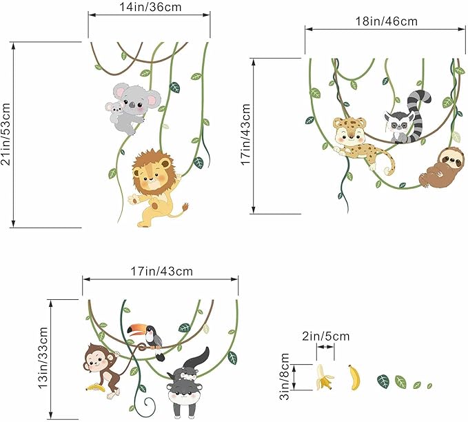 Animals Climbing Trees Wall Stickers - Lion Monkey Sloth Koala Toucan Wall Decals - Baby Nursery Kids Room Daycare Playroom Classroom Wall Decor