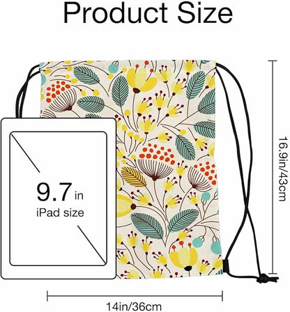 Floral Pattern Beautiful Yellow Flower Green Leaf Red Stamen Drawstring Backpack Gym Backpack Draw String Shoe Swim Back Bag for Women Men 14x16.9 Inch