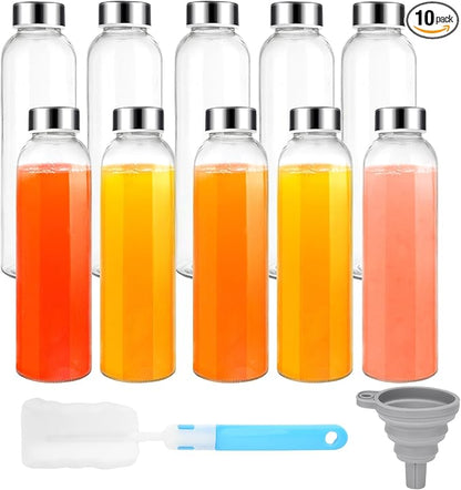 18 oz Glass Juice Bottles with Lids, Glass Juicing Bottles, Reusable Glass Water Bottles with Stainless Steel Airtight Cap for Refrigerator, BPA Free, Leak Proof, Eco-Friendly, Set of 10
