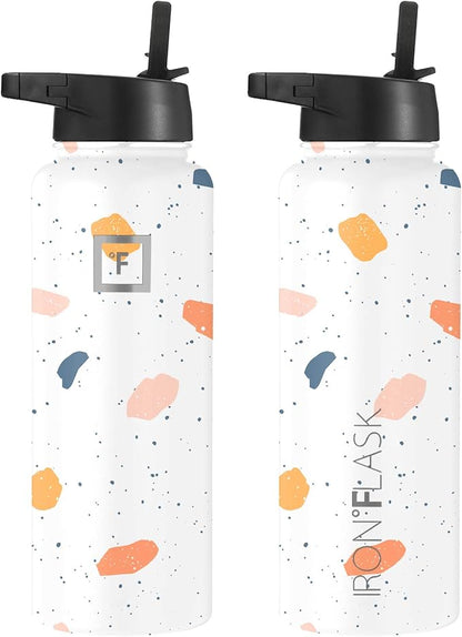 IRON °FLASK Sports Water Bottle - Wide Mouth with 3 Spout Lids - Stainless Steel Gym & Outdoor Bottles for Men, Women & Kids - Double Walled, Insulated Thermos, Metal Canteen - Terrazzo, 40 Oz