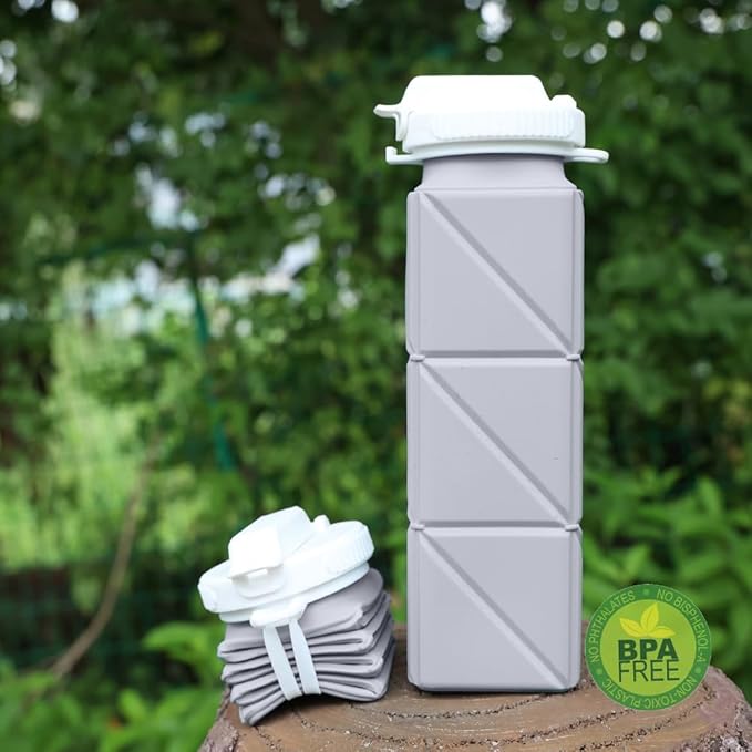 620ml Silicone Foldable Water Bottle with Straw Lid - Lightweight, Reusable, & Leakproof for Travel, Camping, Hiking, & Sports(GREY)