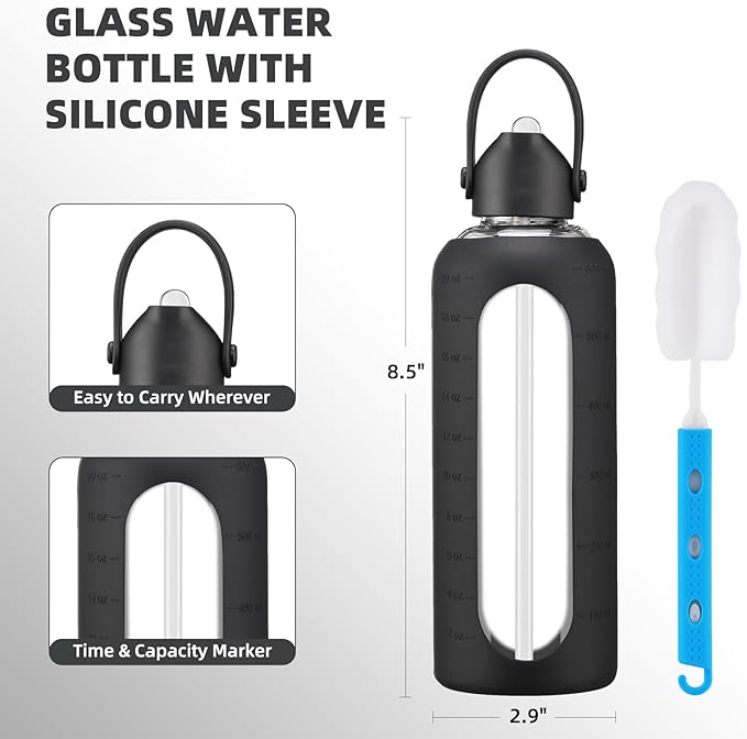 20 oz Glass Water Bottles with Straw Borosilicate Glass Water Bottle with Time Marker Motivational Water Bottles with Silicone Sleeve Leak Proof Reusable BPA Free