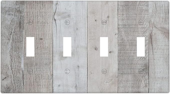 Rustic Grey Wood Shiplap Quad Toggle Light Switch Cover Decorative Vintage Country 4 Gang Wall Plate Electrical Faceplate Switchplate for Farmhouse Bathroom Bedroom Living Room Decor