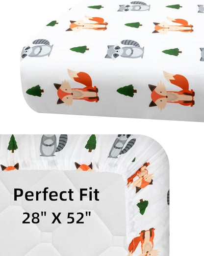 4 Pack Woodland Forest Animals Wood Neutral Unisex Fitted Baby Crib Sheets Set for Baby Boys or Girls Fox