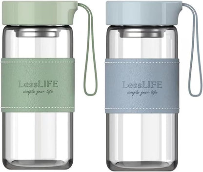 Snminetal 16 oz Borosilicate glass water bottle-with sealing cap and Holsters and filters Reusable Portable Glass drinking Bottle Apply to Make tea, coffee, office Go To School (Blue+Green)