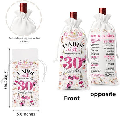 30th Birthday Gifts for Her Women Men Wine Bag, 30 Year Old Birthday Gifts for Women Men, Happy 30th Birthday Party Decorations for Her Him, Pairs Well with Turning 30 Wine Bags (White Pink)