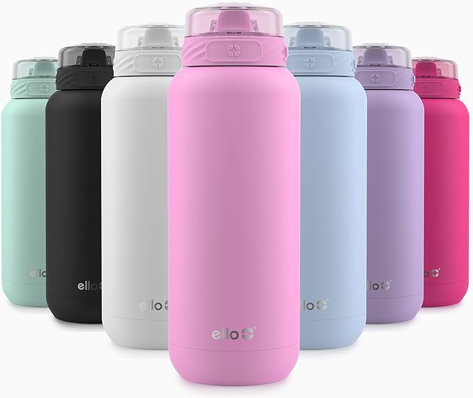 Ello Cooper 32oz Stainless Steel Water Bottle with Straw and Carry Handle, Double Walled and Vacuum Insulated Metal, Leak Proof Locking Lid with Soft Silicone Spout, Reusable, BPA Free, Bubblegum