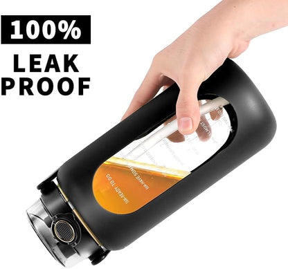 64oz Glass Water Bottle with Straw and Handle - Half Gallon Motivational Water Jug with Time Marker and Silicone Sleeve, Leak proof Wide Mouth Water Flask for Gym, Sports, and Daily Use (Black)