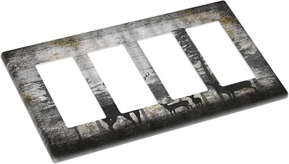 Rustic Deer Forest Vintage Wood Board 4 Gang Rocker Decora Boho Light Switch Cover Decorative Country Unique Outlet Covers Wall Plate Electrical Faceplate Switchplate GFCI for Farmhouse