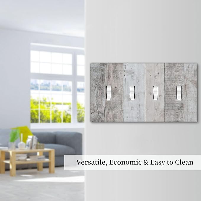 Rustic Grey Wood Shiplap Quad Toggle Light Switch Cover Decorative Vintage Country 4 Gang Wall Plate Electrical Faceplate Switchplate for Farmhouse Bathroom Bedroom Living Room Decor