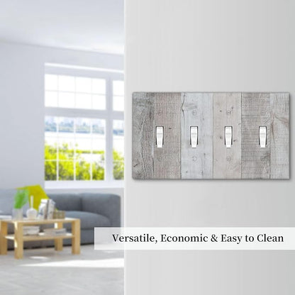 Rustic Grey Wood Shiplap Quad Toggle Light Switch Cover Decorative Vintage Country 4 Gang Wall Plate Electrical Faceplate Switchplate for Farmhouse Bathroom Bedroom Living Room Decor