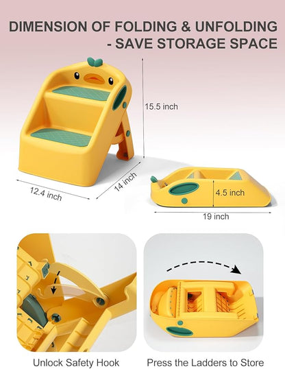 Toddler Step Stool Folding, Yellow, 2 Step Stool for Kids Bathroom Sink Potty Toilet, Gift to Give Stepping Stool for Todders 1-3, 11" 2 Steps & 4" Child Back Support, Easy to Use & Carry & Wash