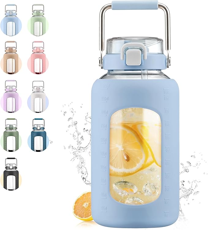 84oz Glass Water Bottle with Stainless Steel Handle,2.5L Gallon Water Bottle With 2-IN-1 Straw Lid, Silicone Sleeve and Motivational Capacity Marker, Wide Mouth Water Jug For Gym, Workout, Blue
