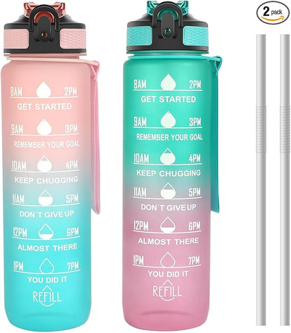 2 Pack 32oz Sports Water Bottle, Motivational Sports Water Bottle with Times Marker, Leak-Proof Water Cup for Fitness, Gym and Outdoor