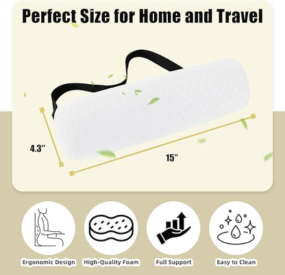 Lumbar Roll Pillow for Lower Back, Lumbar Support Foam Roll Cushion with Pillowcase and Upgraded Strap for Office, Chair, Car, Seat Pain Relief & Improving Posture (White grid, Long-15*4.3'')