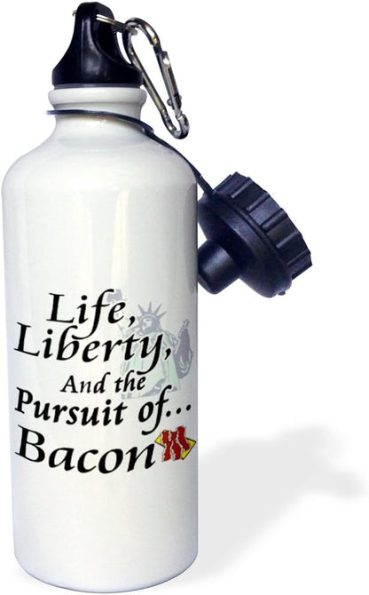 3dRose Funny Life Liberty and The Pursuit of Bacon Food Humor Design Sports Water Bottle, 21 oz, White