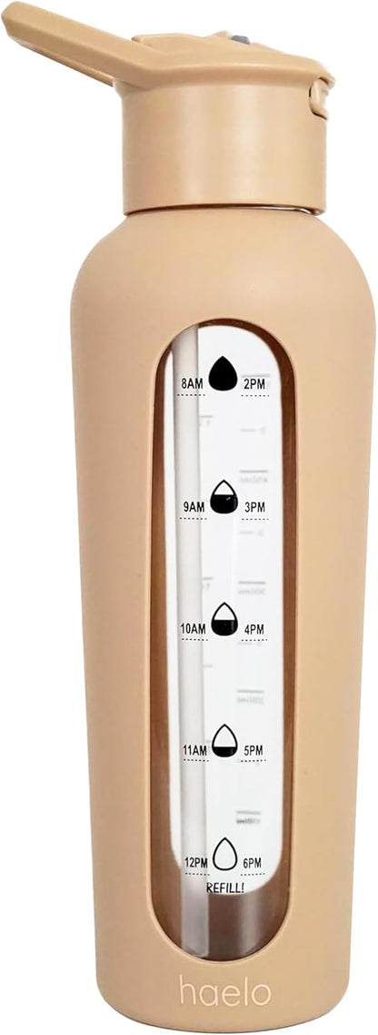 24oz Glass Motivational Water Bottle with Flip Lid Straw, Silicone Protective Sleeve, Handle, Reusable BPA Free (Amber)