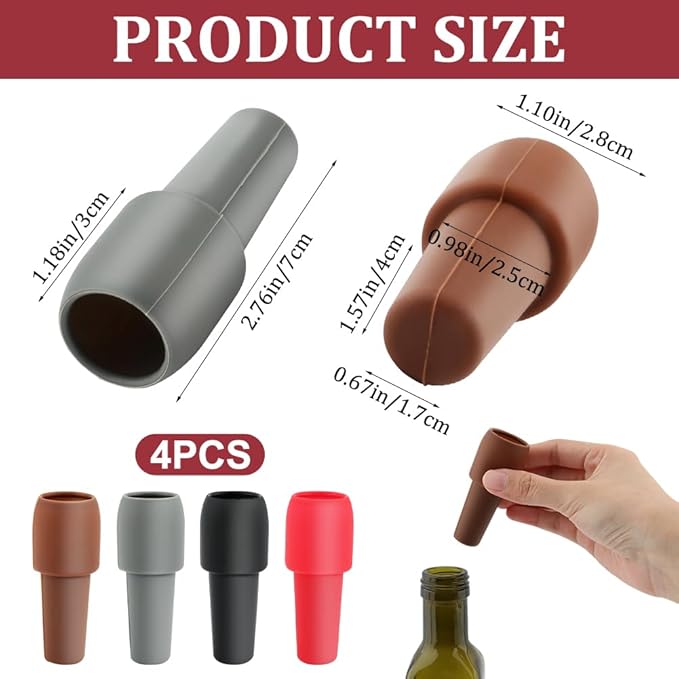 4pcs Wine Stoppers, Air Tight Flexible Beer Bottle Stopper Reusable Silicone Wine Sealer for Wine bottles Beverage Bottle Stoppers(red+black+grey+coffee)