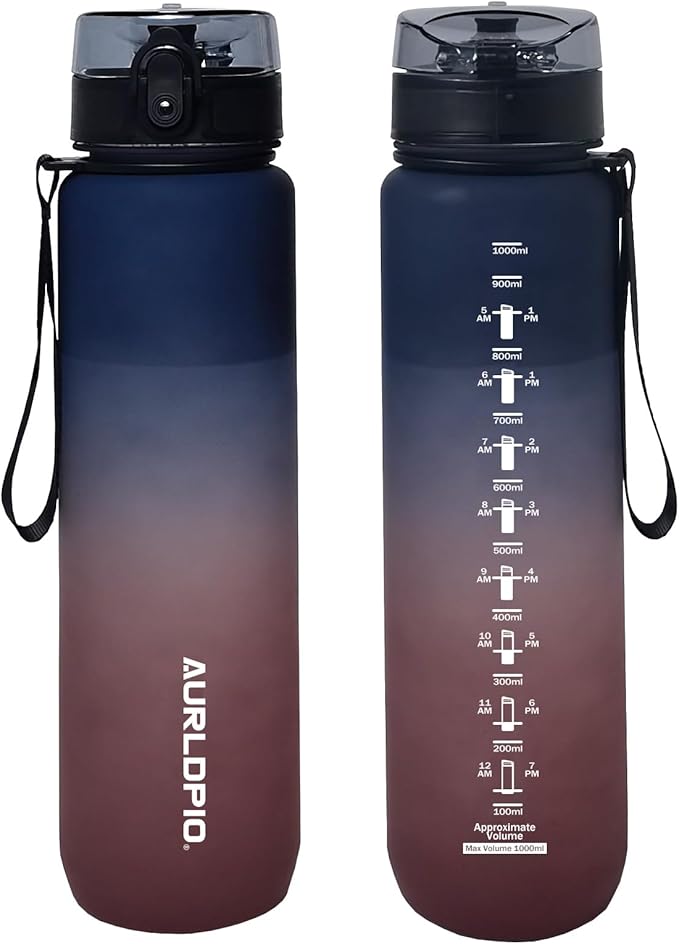 32oz/1L Water Bottle, Sports Water Bottle with Times to Drink & Lock Cover+Strainer,BPA-Free, Leakage Proof, Sports Drink Bottle for Bicycle, Outdoor, Gym, School, Reusable Daily(Blue-Red)