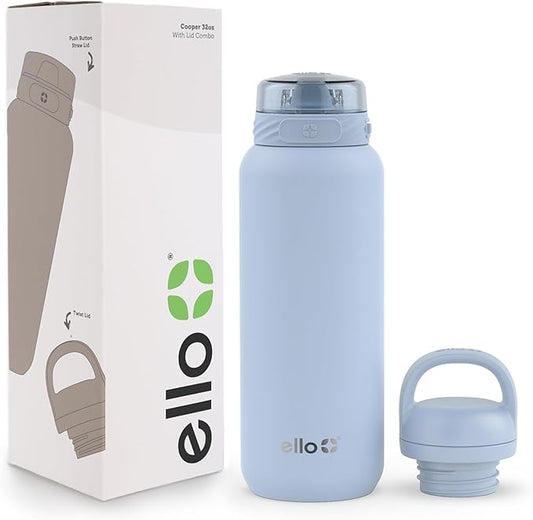 Ello Cooper 32oz Stainless Steel Water Bottle with 2 Lids Chug and Straw | Leak Proof | Double Walled and Vacuum Insulated | Built in Carry Loop | Dishwasher Safe | Halogen Blue