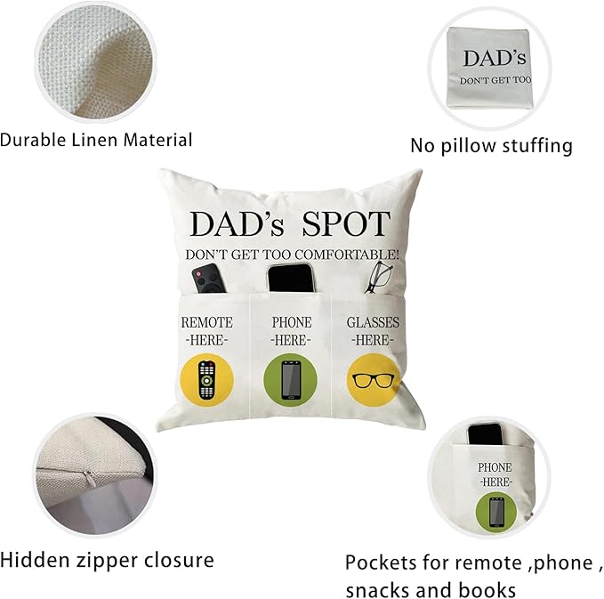 Father's Day Throw Pillow Case, Dad's Spot Throw Pillow Covers 18 x 18 Inch，Dad Gifts from Daughter Son，Birthday Christmas Thanksgiving Day Gifts for Papa Stepdad ，3-Pocket