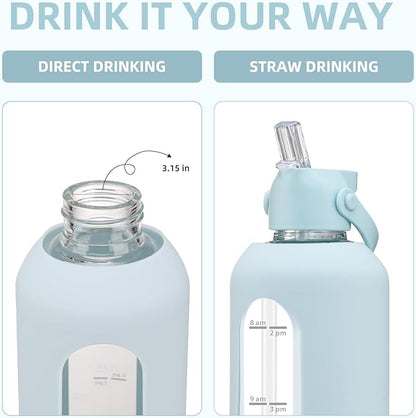 32 oz Glass Water Bottles with Straw Borosilicate Glass Water Bottle with Time Marker Motivational Water Bottles with Silicone Sleeve Leak Proof Reusable BPA Free