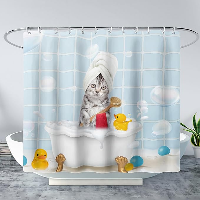 AILONEN 3D Bathtub Cat Shower Curtain for Kids 72" W*84" H Kawaii Shower Cat Shower Curtain,Polyester Waterproof Fabric Decor for Bathroom Bathtub Panels