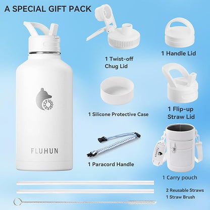 64 oz Insulated Water Bottle with Straw and Handle, Double Walled Vaccum Stainless Steel Half Gallon Water Bottle for Women, 3 Lids, Metal Canteen, Protective Sleeve, Gym & Outdoors Water Jug