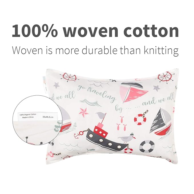 ALVABABY Travel Pillow Cover, Fits 13 x 18,12x 16 Kids Pillow, 2 Pack Organic Cotton Toddler Pillowcase, Envelope Baby Pillow Cover for Boys Girls, Sailboat+Anchor, 2TPW17