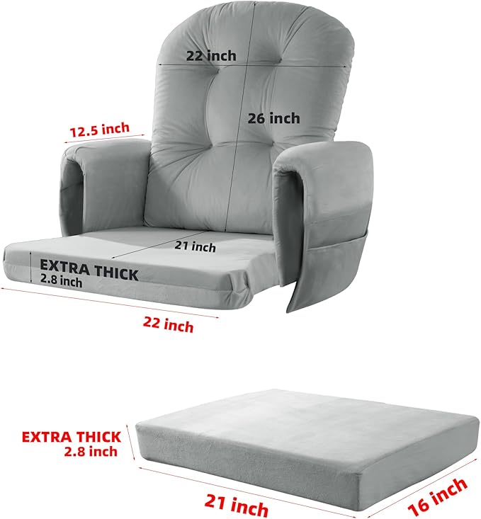 5 PCS Velvet Glider Rocker Replacement Cushions with Side Storage Pocket, Thickened & Supportive Cushions Set for Indoor Nursery Rocking Chair, Llight Grey