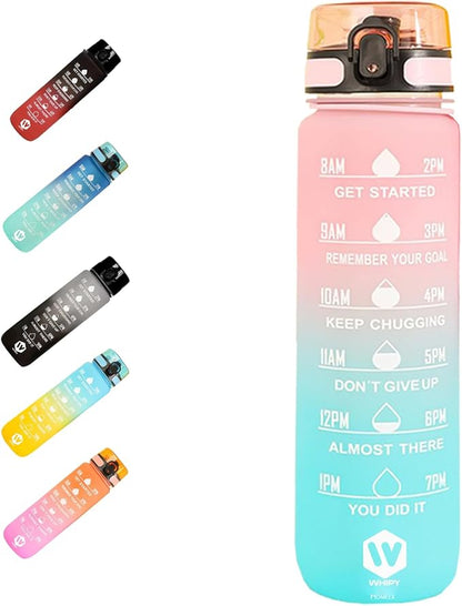 32 oz Water Bottle with Time Marker Leak-Proof & BPA Free Reusable Gym Water Bottle Easy to Carry Motivational Water Bottle for Fitness, Sports, Outdoor, Cycling, School & Office (Blue & Pink)